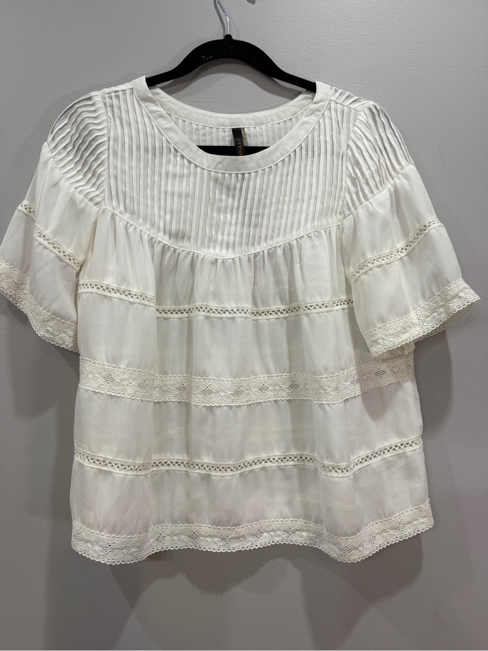Renee C. Cream Lace-Trim Pintuck Peasant Top